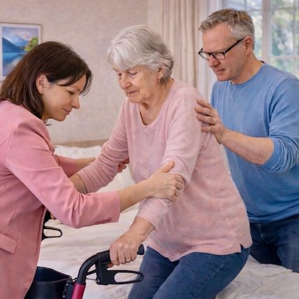 Alltagshilfe mit Herz - Pflegeschulung (rückengerechtes Aufstehen aus dem Bett) Alltagshilfe mit Herz - eine Mitarbeiterin führt mit einem Angehörigen eine Pflegeschulung an dessen Mutter durch (Aufstehen aus dem Bett)