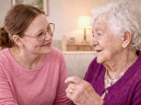 Alltagshilfe mit Herz - Gesprächspartner Alltagshilfe mit Herz - Mitarbeiterin führt ein Gespräch mit einer älterer Dame