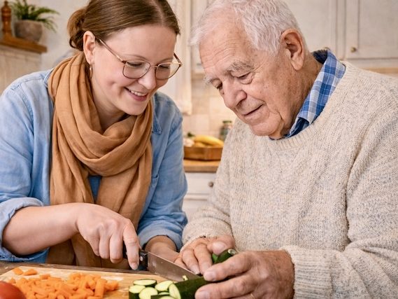 Alltagshilfe mit Herz - gemeinsames zubereiten von Mahlzeiten Alltagshilfe mit Herz - eine Mitarbeiterin unterstützt einen älteren Herren beim Zubereiten einer Mahlzeit